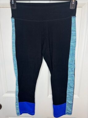 EUC SO Black Leggings with Blue Cuffs and Teal-Striped Side Panels